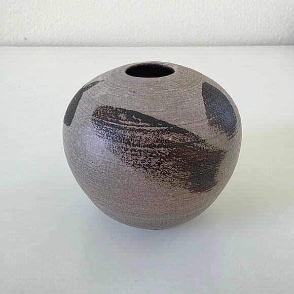 Vintage Studio Pottery Modernist Vase Round Brown Black Brushstroke Design - Picture 6 of 14